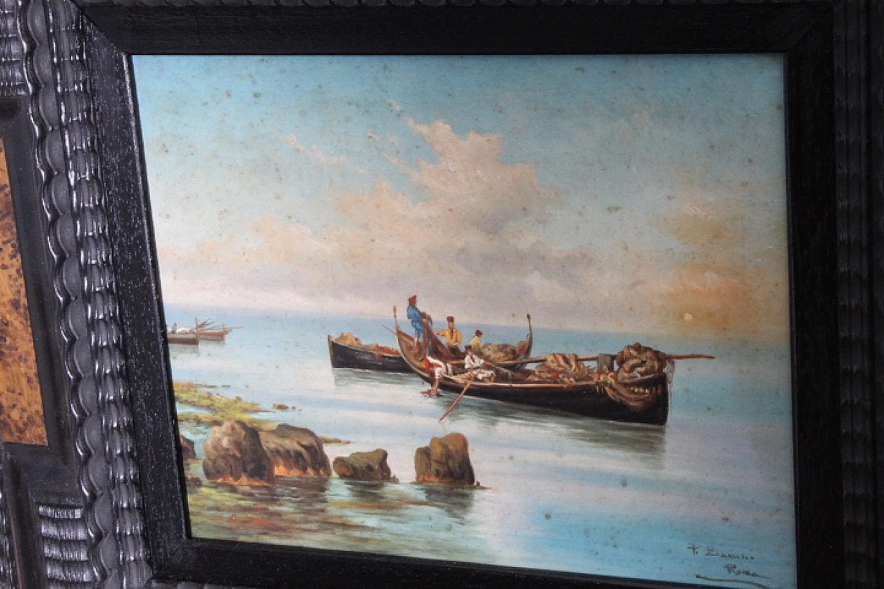 P. Barucci, Fishermen, olio painting on marine wood,early 20th century 5