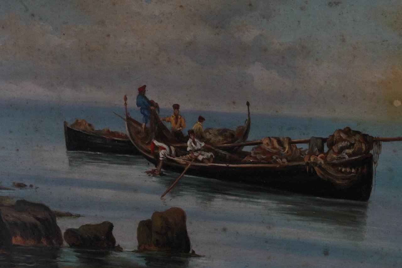 P. Barucci, Fishermen, olio painting on marine wood,early 20th century 7