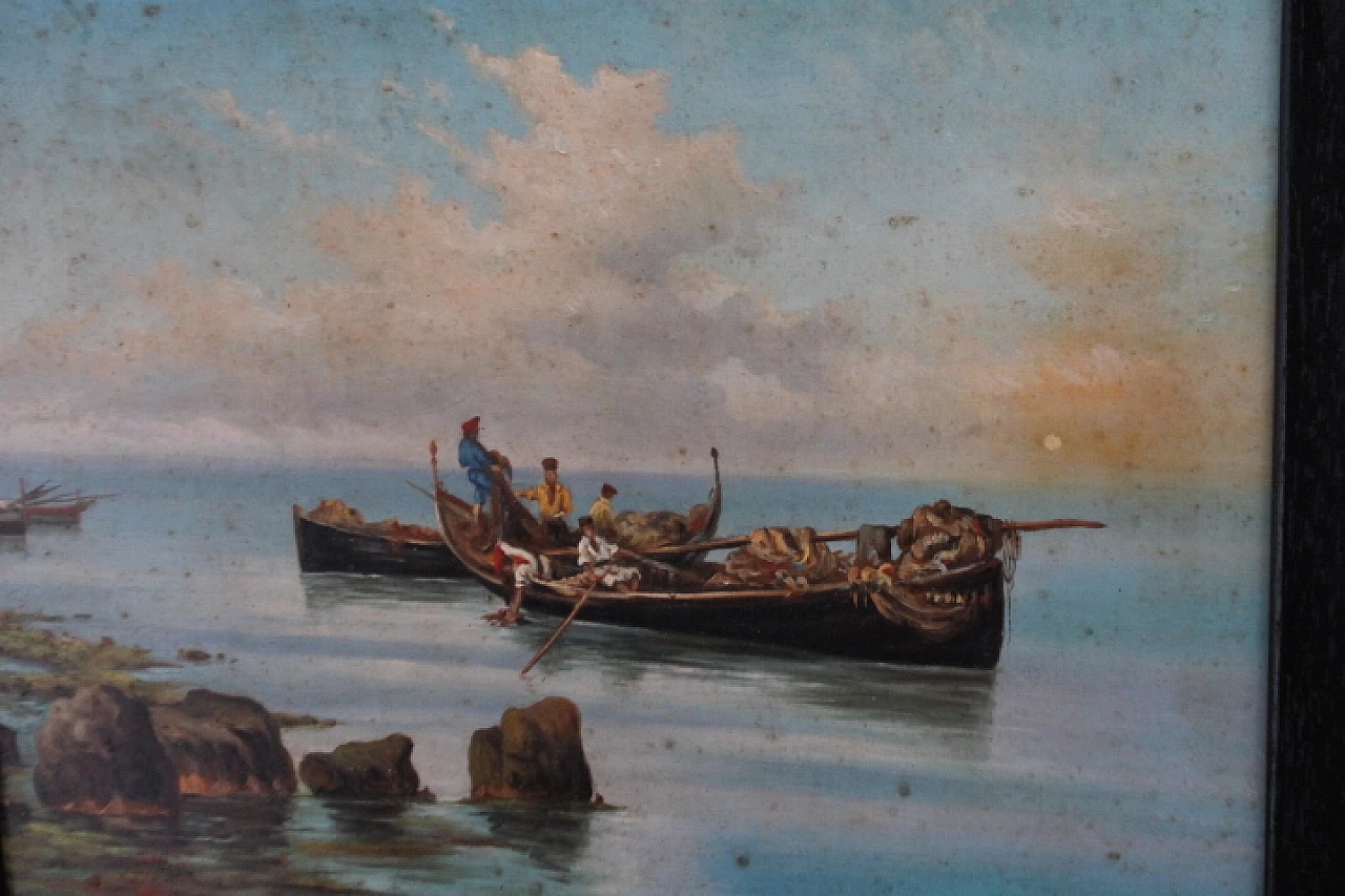 P. Barucci, Fishermen, olio painting on marine wood,early 20th century 8