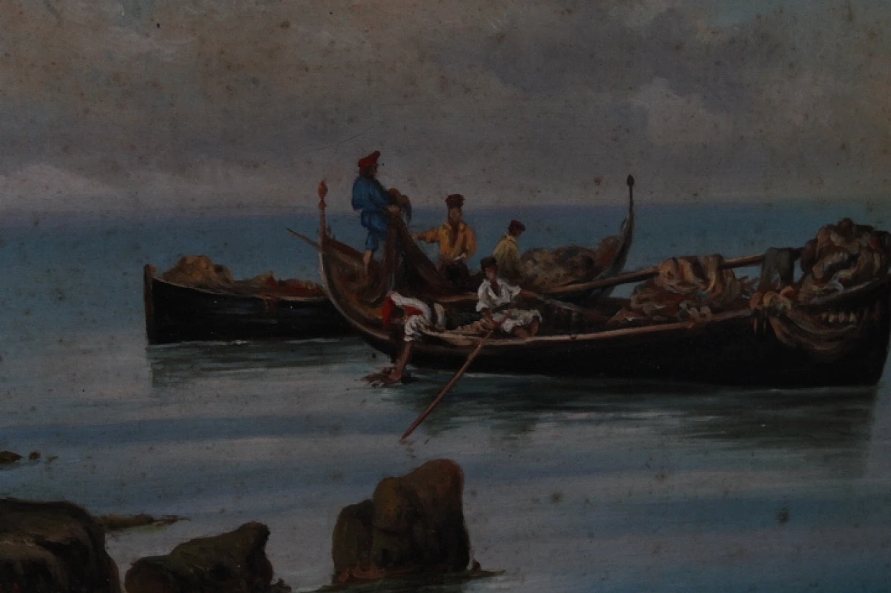 P. Barucci, Fishermen, olio painting on marine wood,early 20th century 13