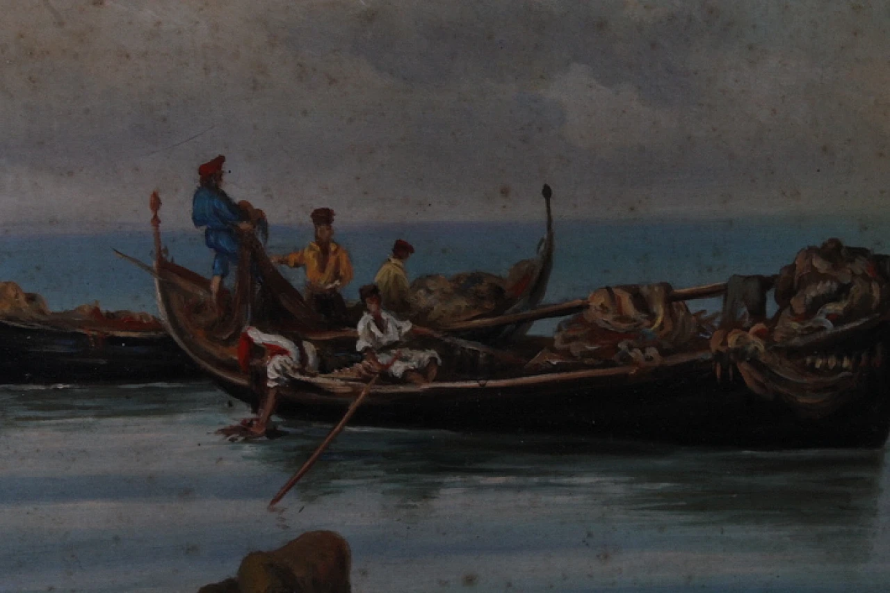 P. Barucci, Fishermen, olio painting on marine wood,early 20th century 14