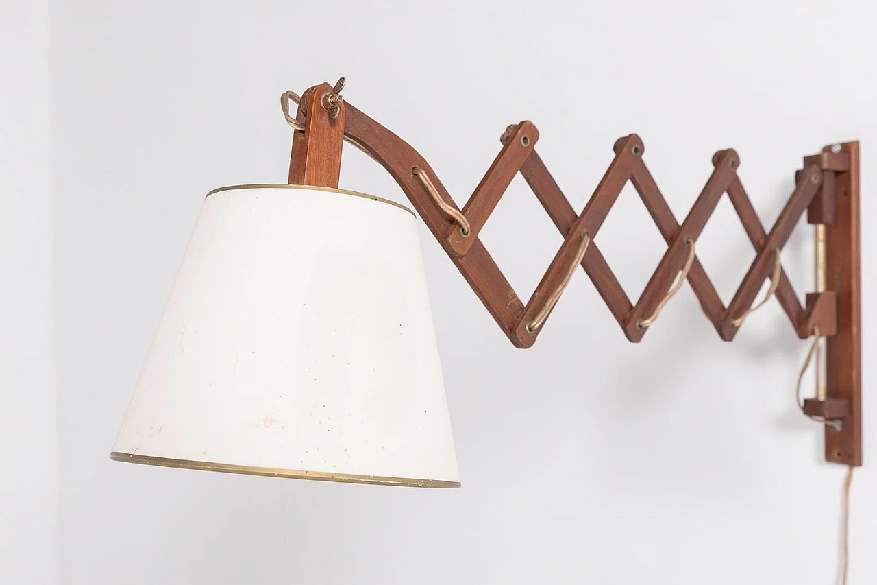 Scissors wall lamp in wood and fabric, 1960s 6