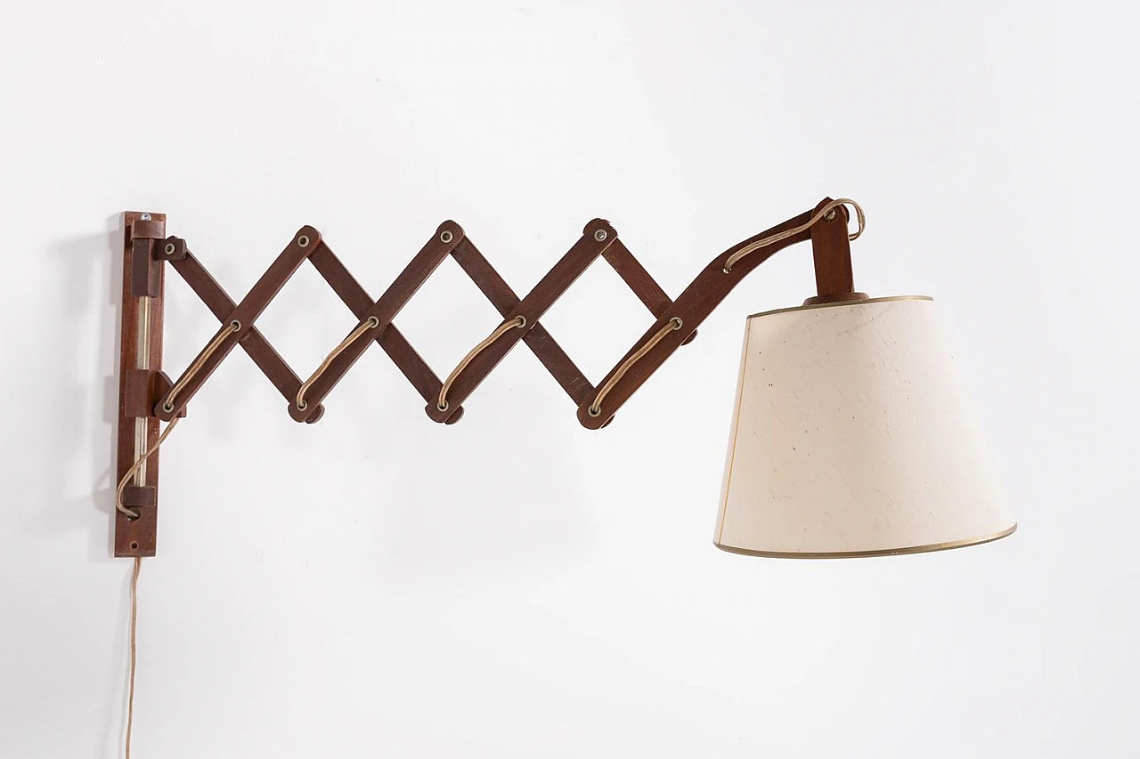 Scissors wall lamp in wood and fabric, 1960s 7