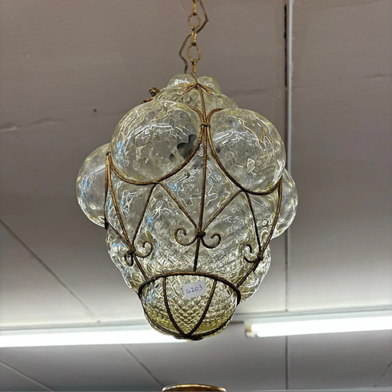 Liberty Lantern chandelier in yellow glass and wrought iron, 1930s 1