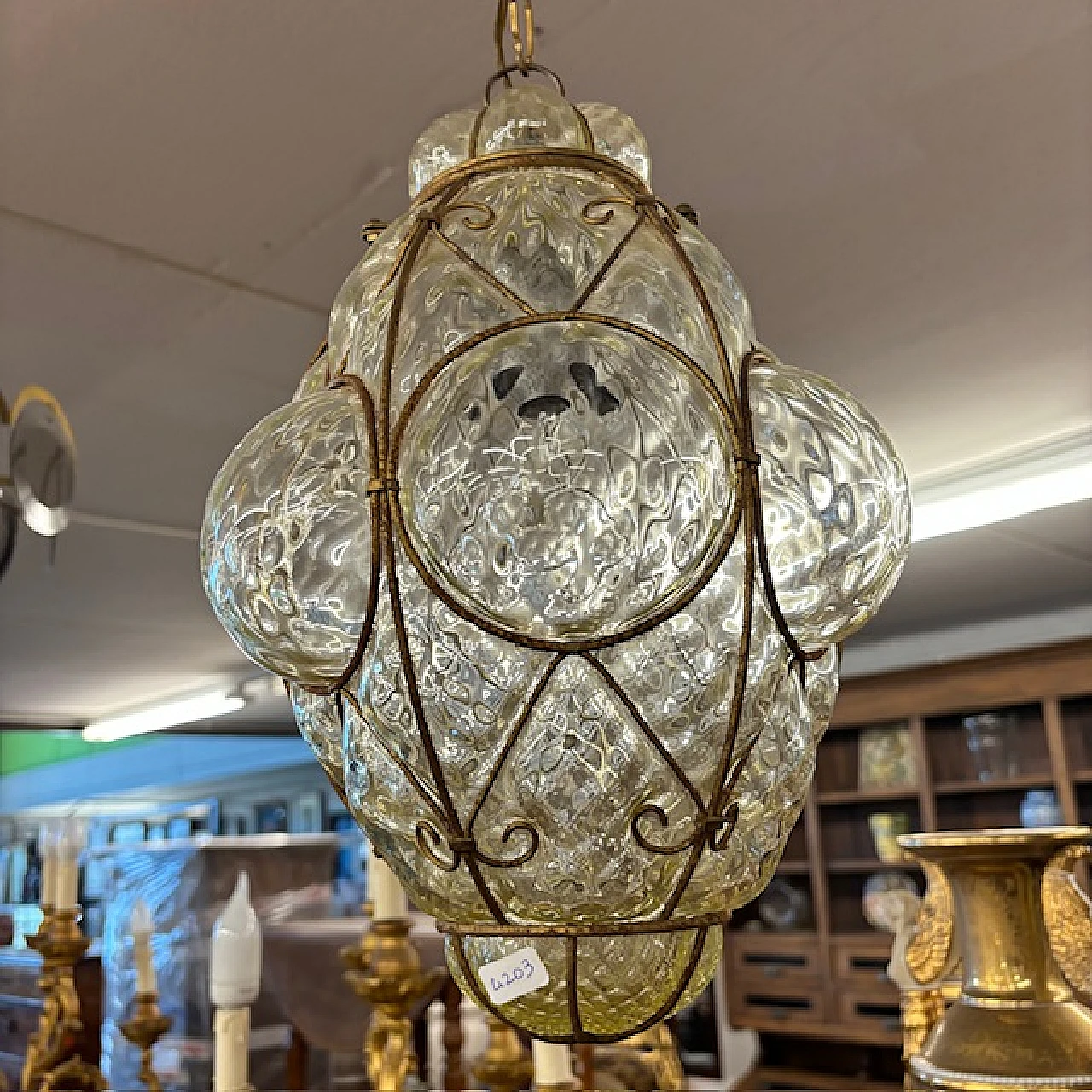 Liberty Lantern chandelier in yellow glass and wrought iron, 1930s 5