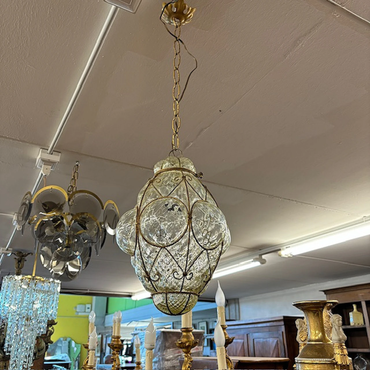 Liberty Lantern chandelier in yellow glass and wrought iron, 1930s 6