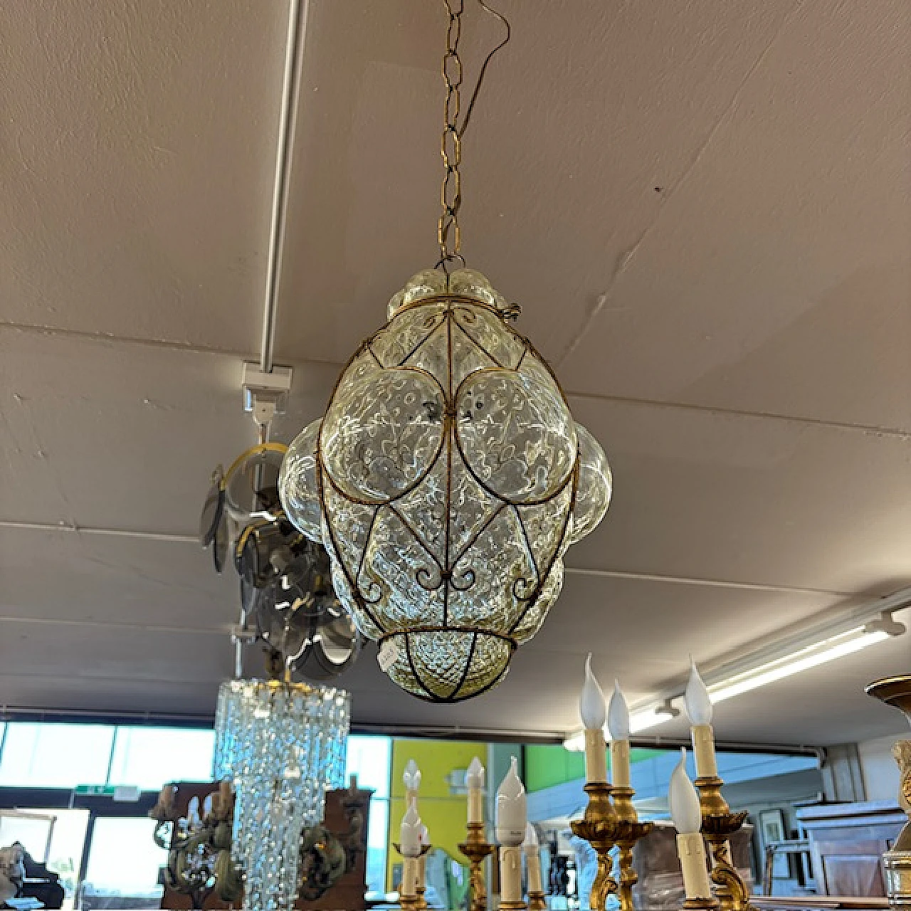 Liberty Lantern chandelier in yellow glass and wrought iron, 1930s 7