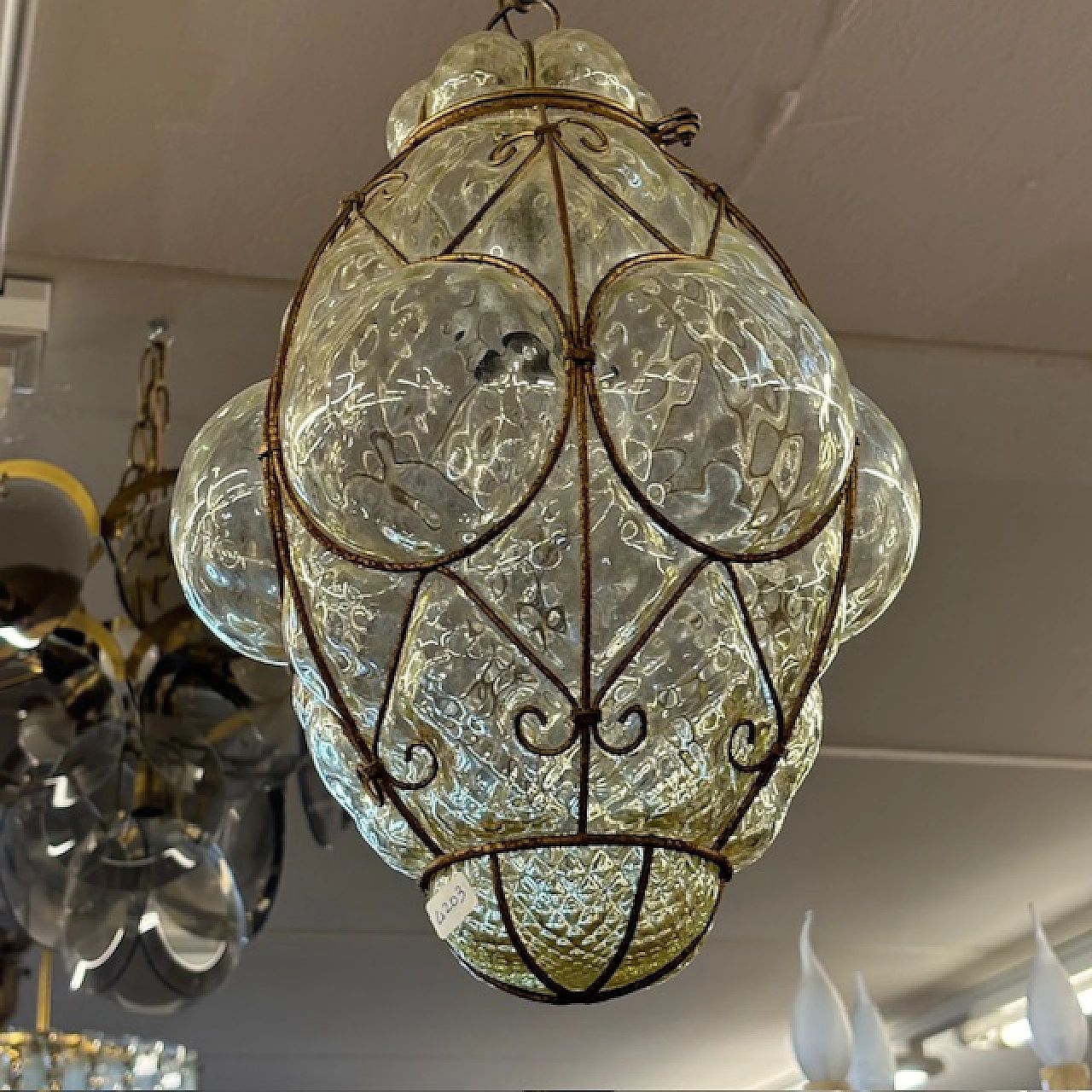 Liberty Lantern chandelier in yellow glass and wrought iron, 1930s 8