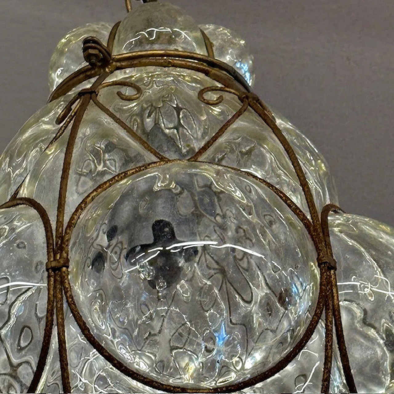 Liberty Lantern chandelier in yellow glass and wrought iron, 1930s 11