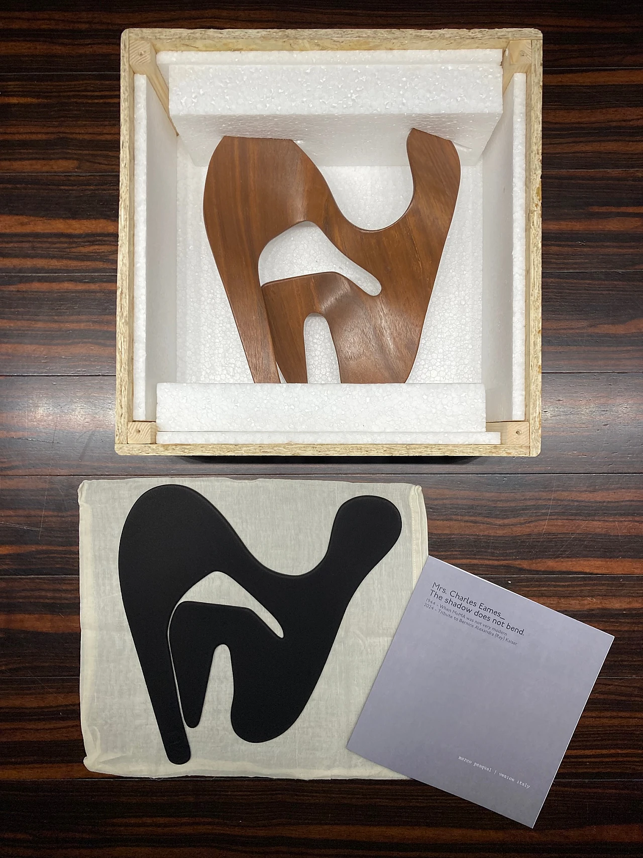 Mrs. Charles Eames_ The shadow does not bend, walnut plywood sculpture 54