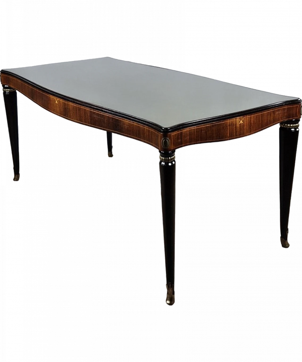 Mahogany table with glass top and brass decorations, 1950s 35