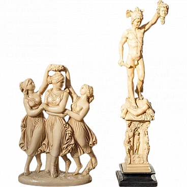 Pair of classical art figures in resin imitation Ivory, 1970s