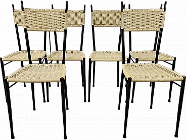 6 Mid-Century chairs in iron and woven plastic, 1970s