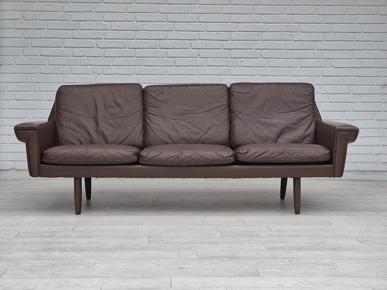 Danish 3-seater brown leather sofa, 1970s 1