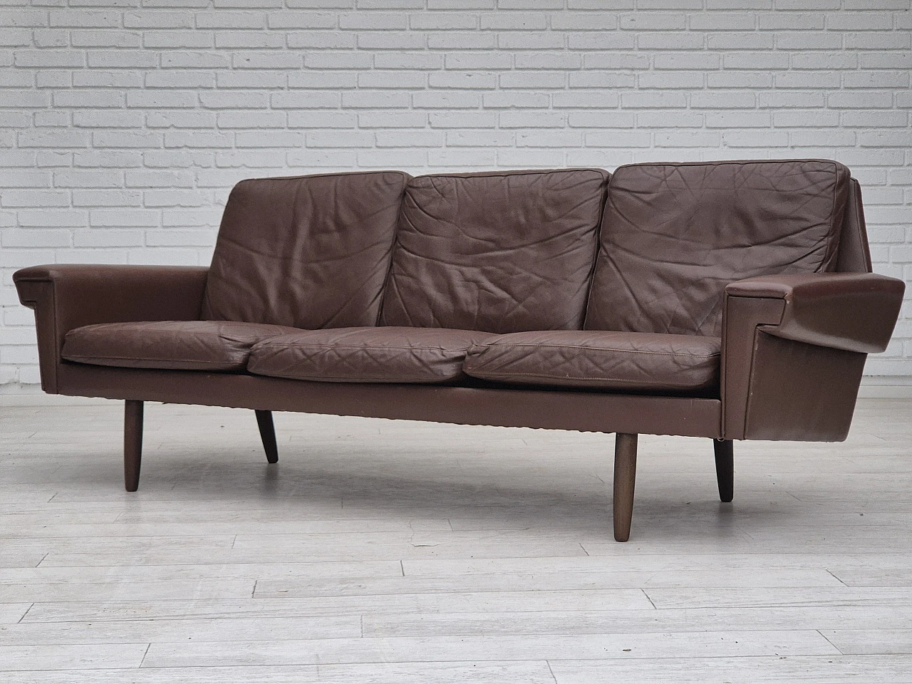 Danish 3-seater brown leather sofa, 1970s 13