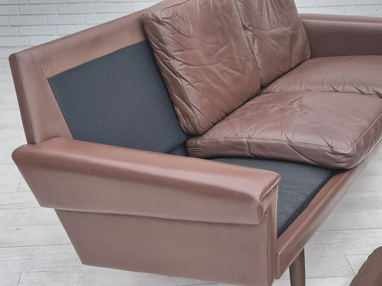 Danish 3-seater brown leather sofa, 1970s 14