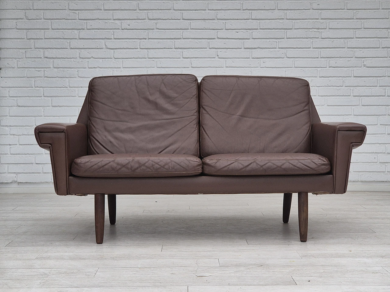 Danish 2-seater brown leather sofa, 1970s 2