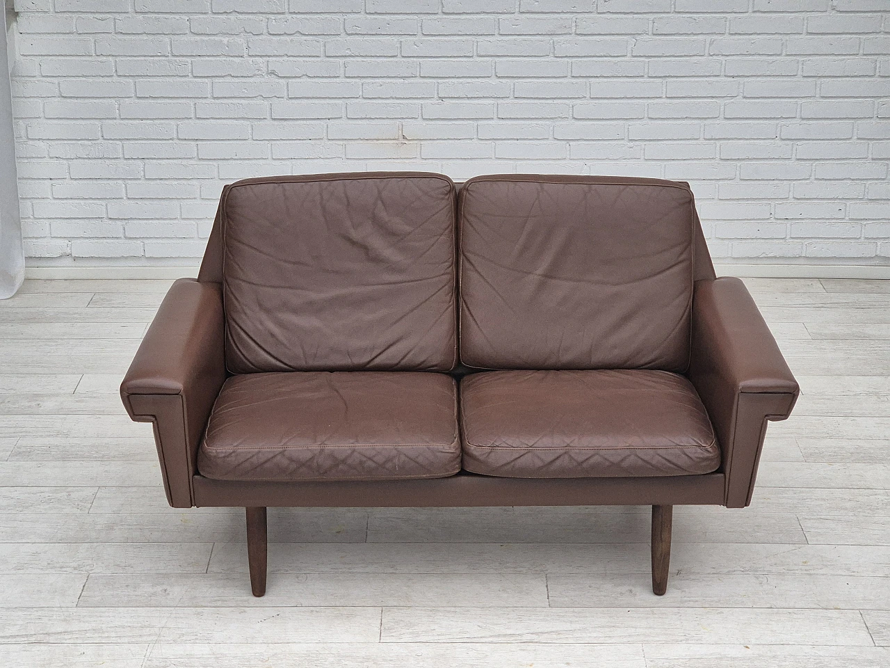 Danish 2-seater brown leather sofa, 1970s 3