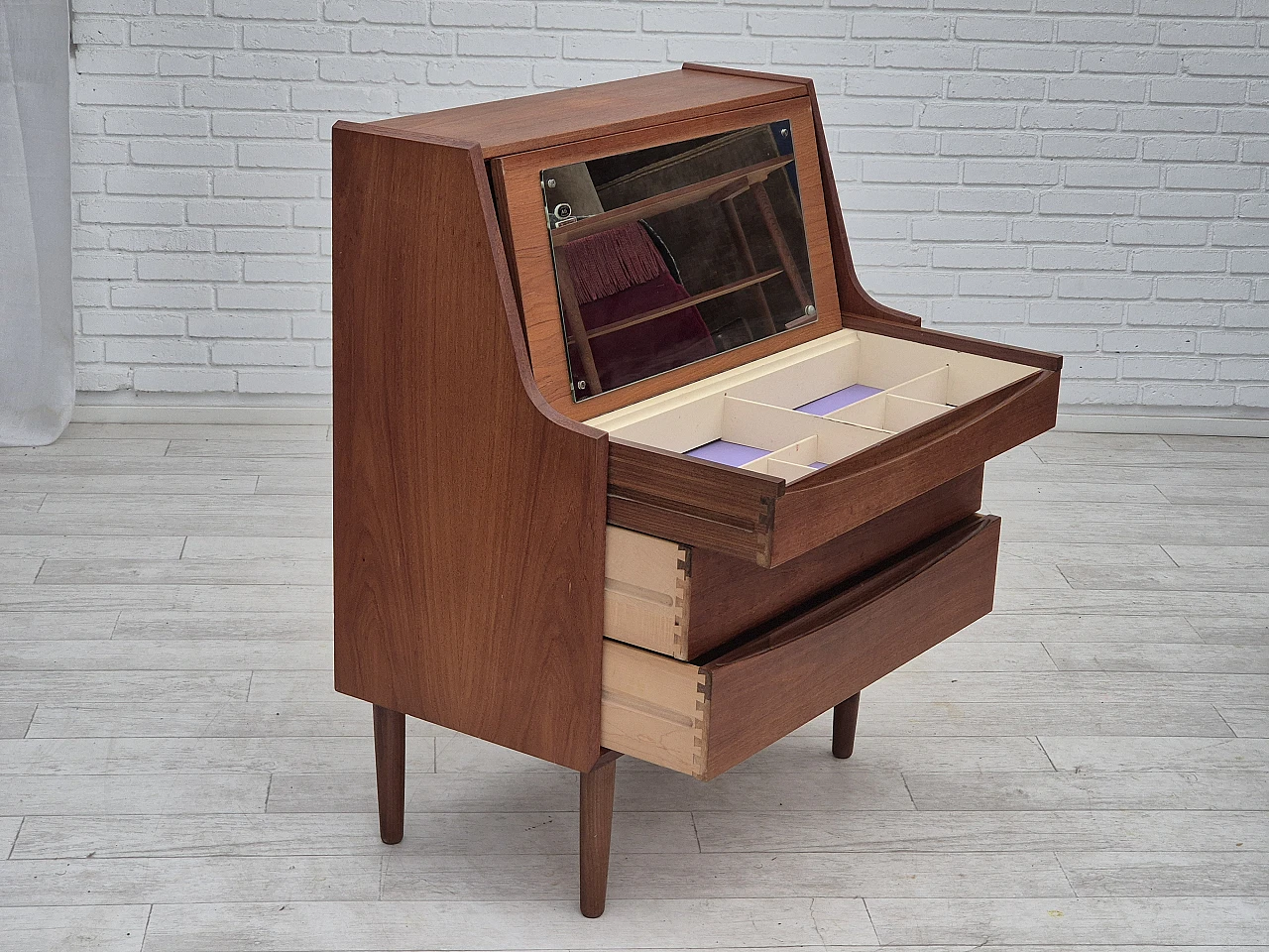 Danish chest of drawers, with foldable mirror, 1960s 16