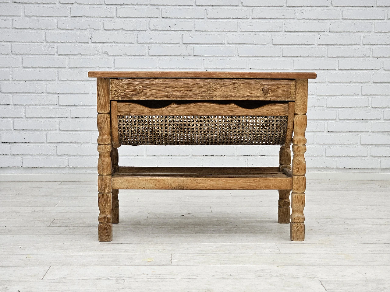 Scandinavian side table, solid oak wood, rattan, 1970s 2