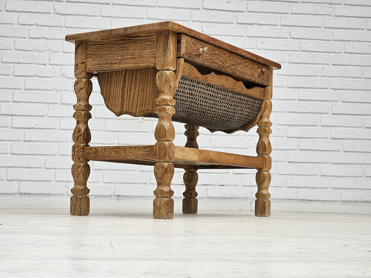 Scandinavian side table, solid oak wood, rattan, 1970s 4