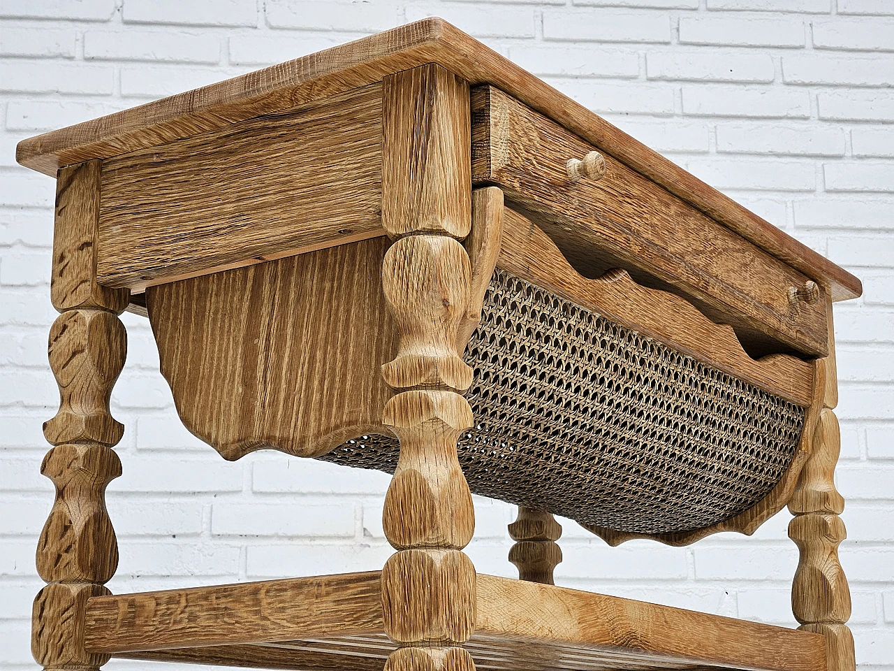 Scandinavian side table, solid oak wood, rattan, 1970s 5