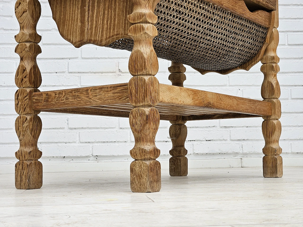 Scandinavian side table, solid oak wood, rattan, 1970s 6