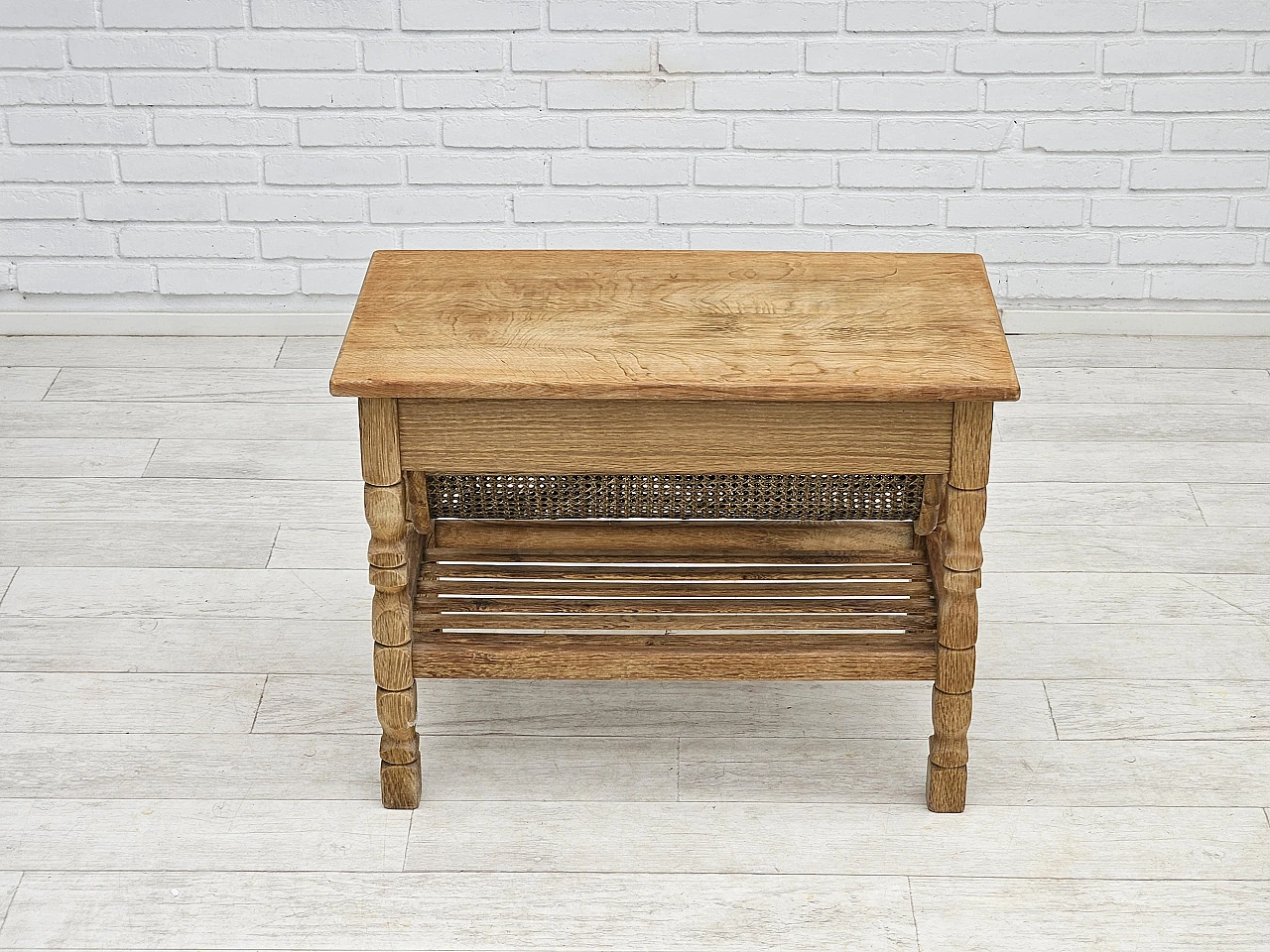 Scandinavian side table, solid oak wood, rattan, 1970s 13