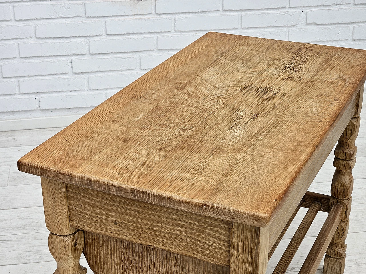 Scandinavian side table, solid oak wood, rattan, 1970s 14