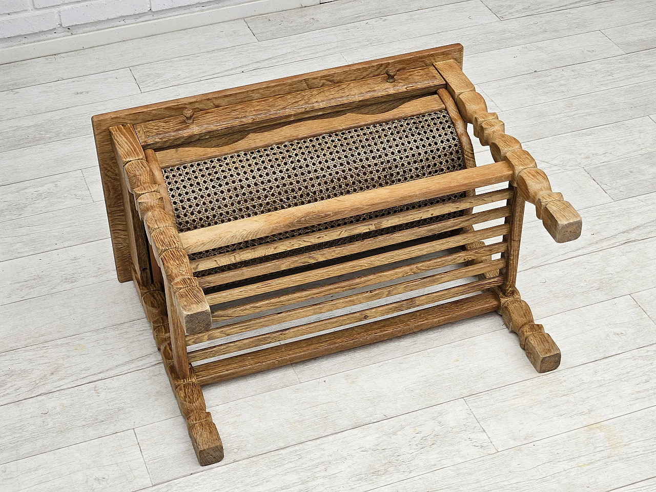 Scandinavian side table, solid oak wood, rattan, 1970s 18