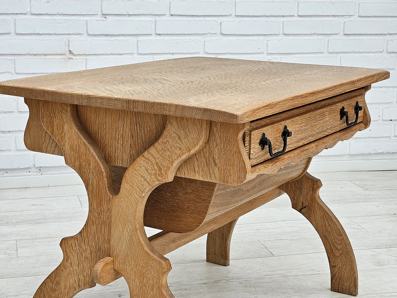 Scandinavian solid oak wood side table with drawers, 1970s 2