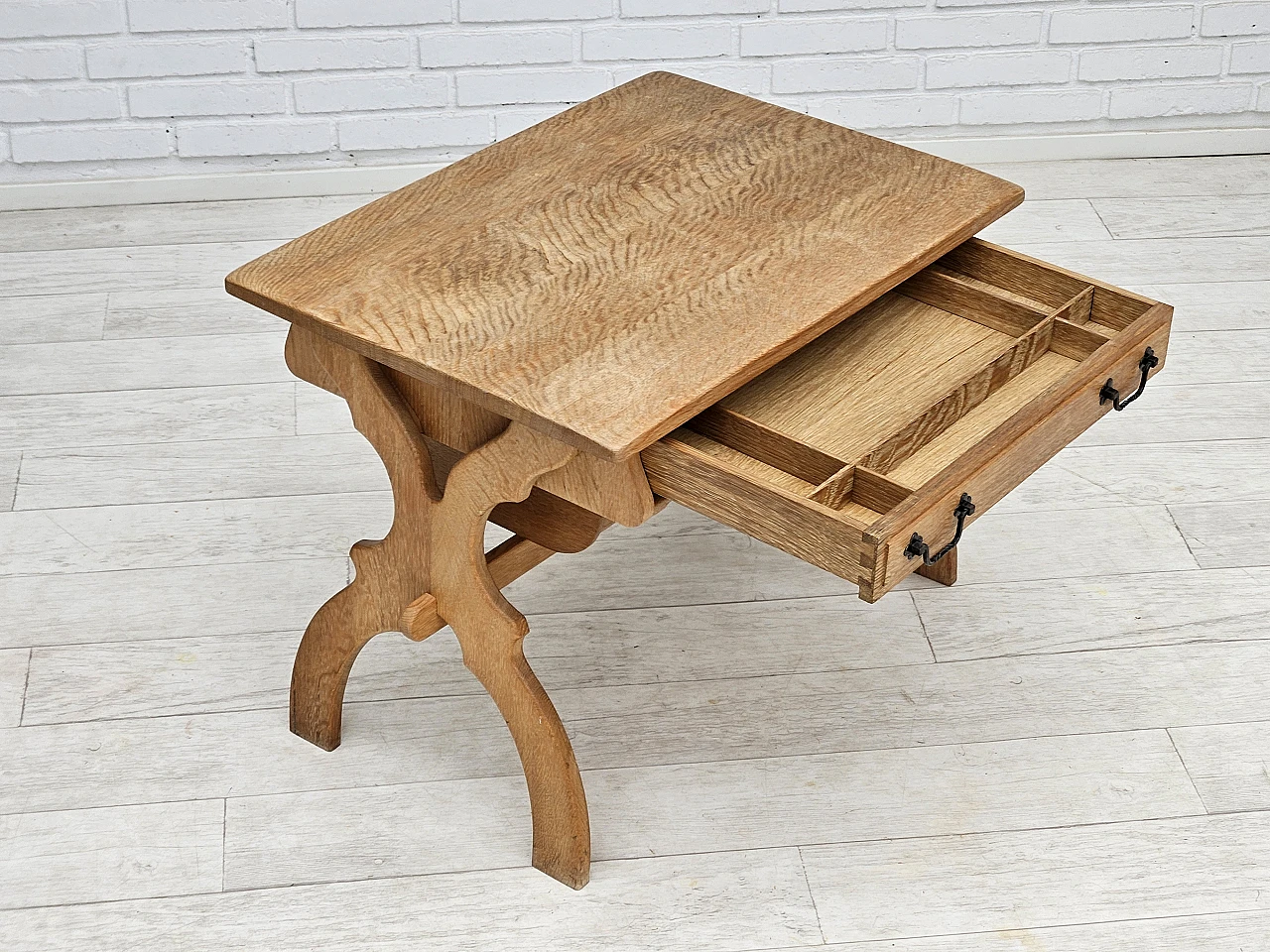 Scandinavian solid oak wood side table with drawers, 1970s 4