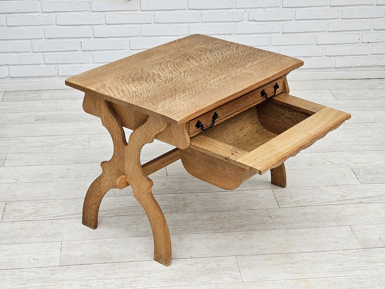 Scandinavian solid oak wood side table with drawers, 1970s 5