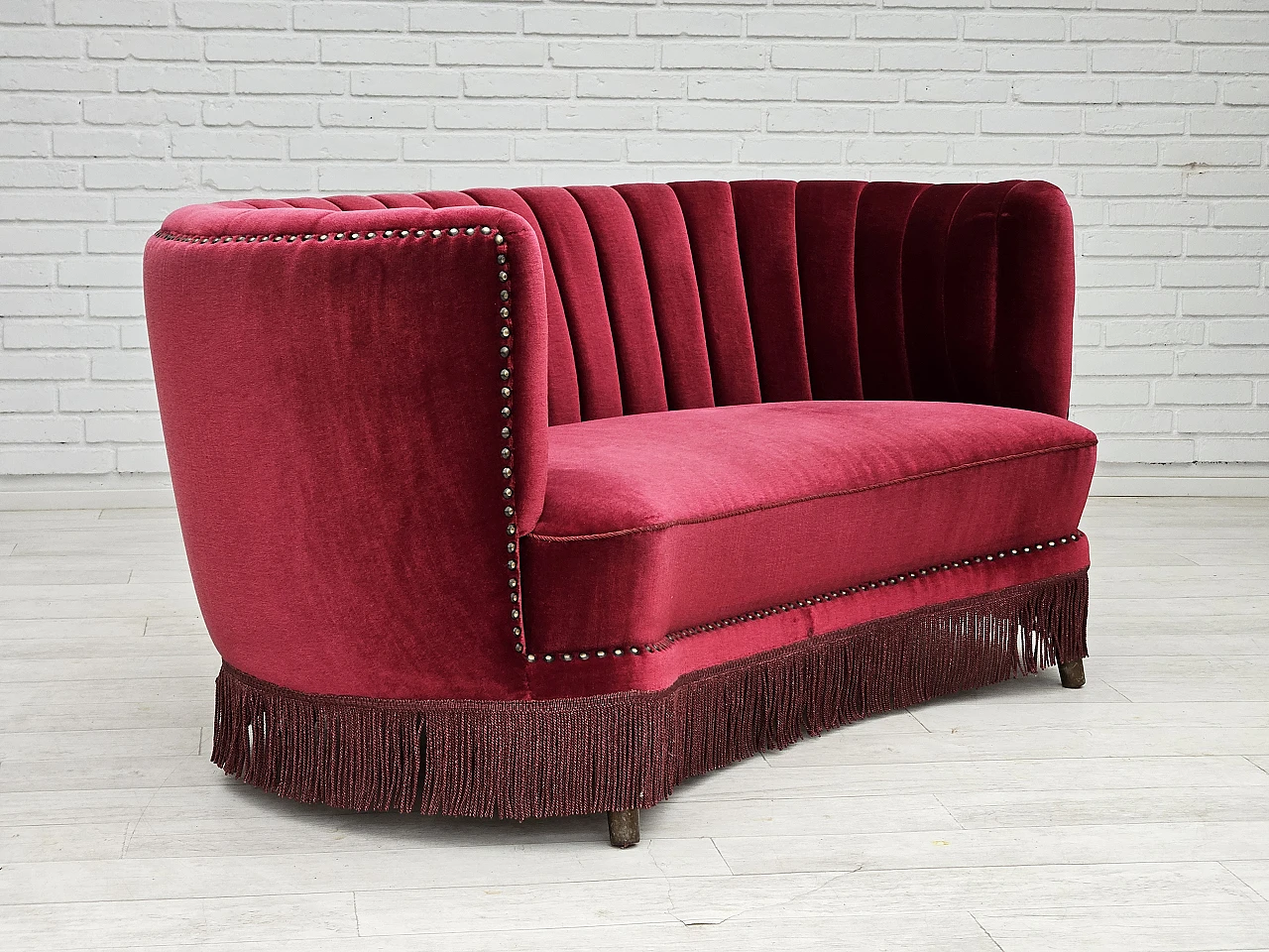 Danish cherry red velvet banana sofa, 1970s 1