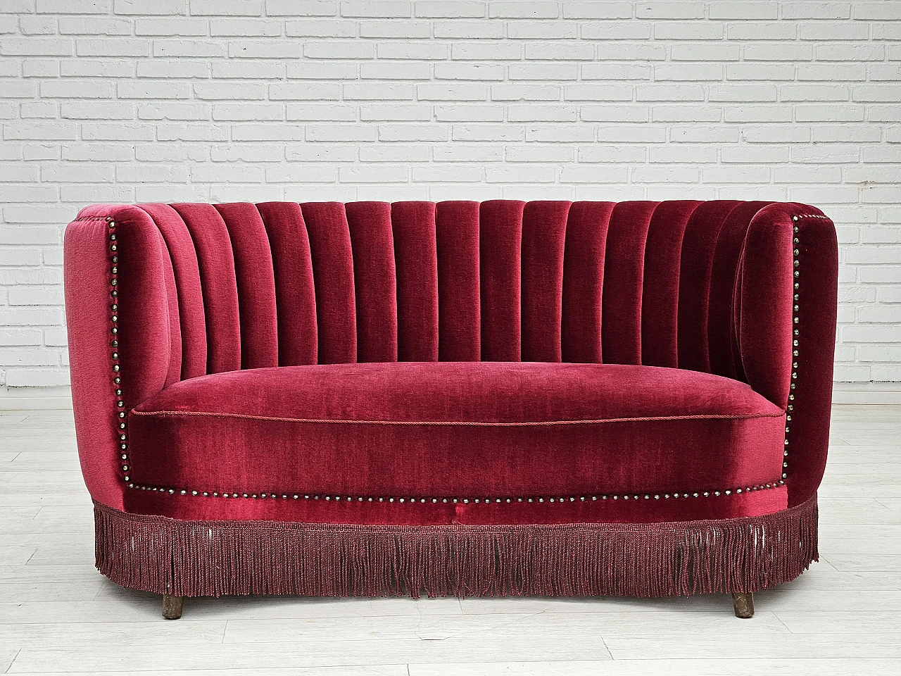 Danish cherry red velvet banana sofa, 1970s 2