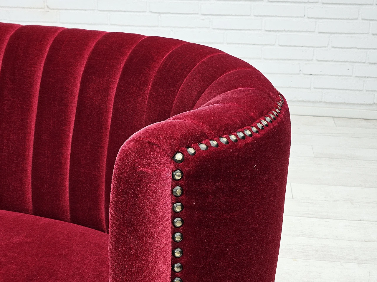 Danish cherry red velvet banana sofa, 1970s 3