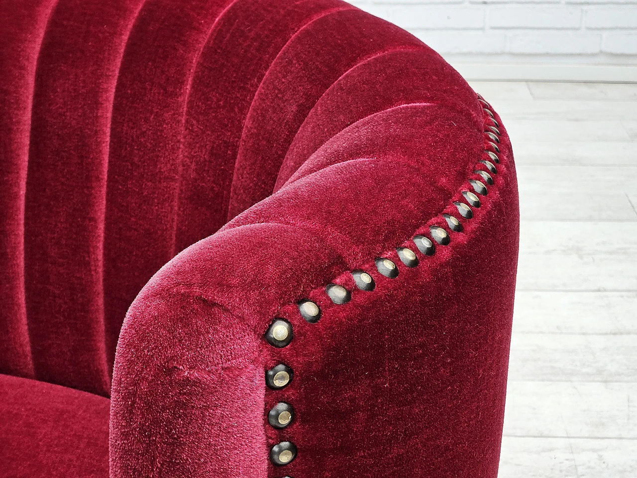 Danish cherry red velvet banana sofa, 1970s 5