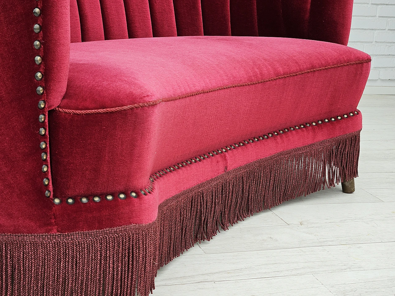 Danish cherry red velvet banana sofa, 1970s 6