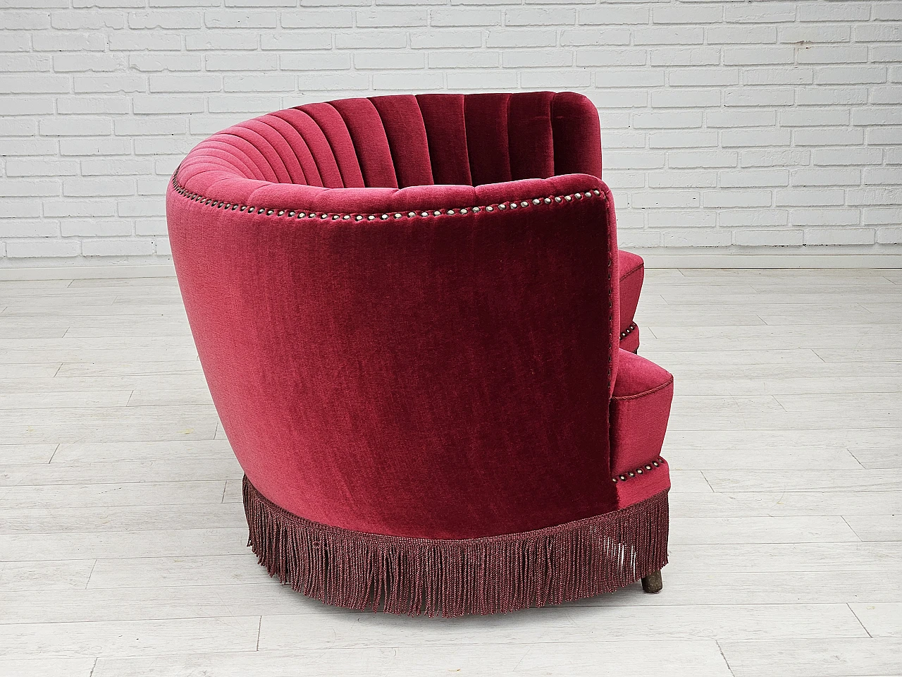 Danish cherry red velvet banana sofa, 1970s 7