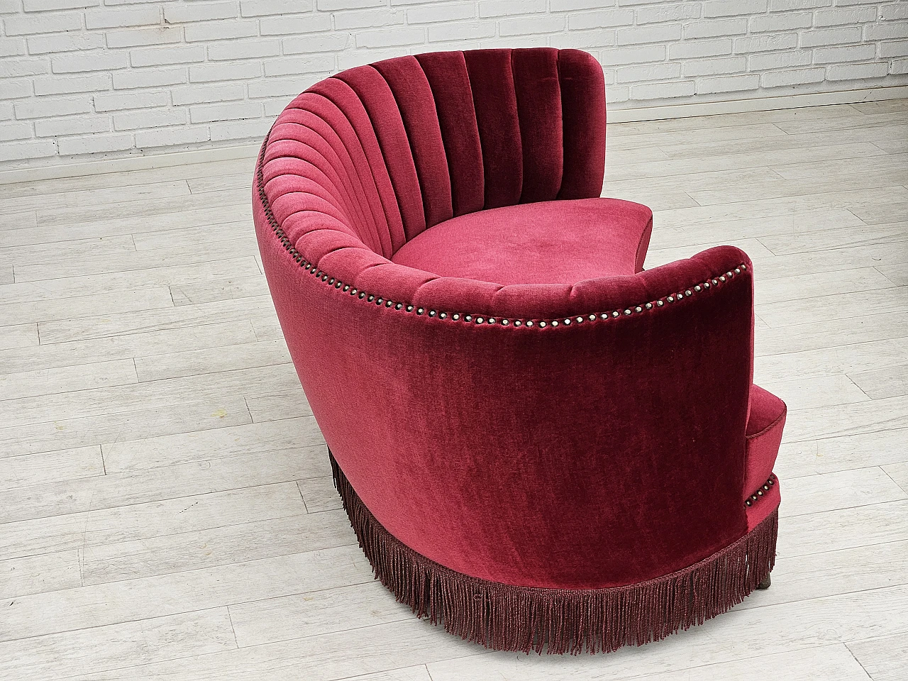 Danish cherry red velvet banana sofa, 1970s 8