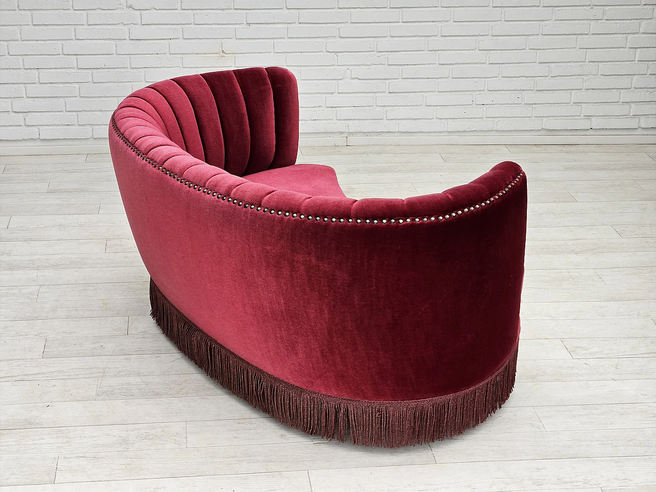 Danish cherry red velvet banana sofa, 1970s 9