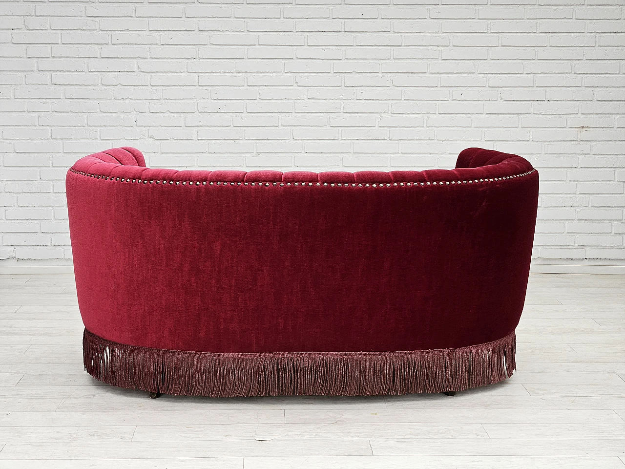 Danish cherry red velvet banana sofa, 1970s 10