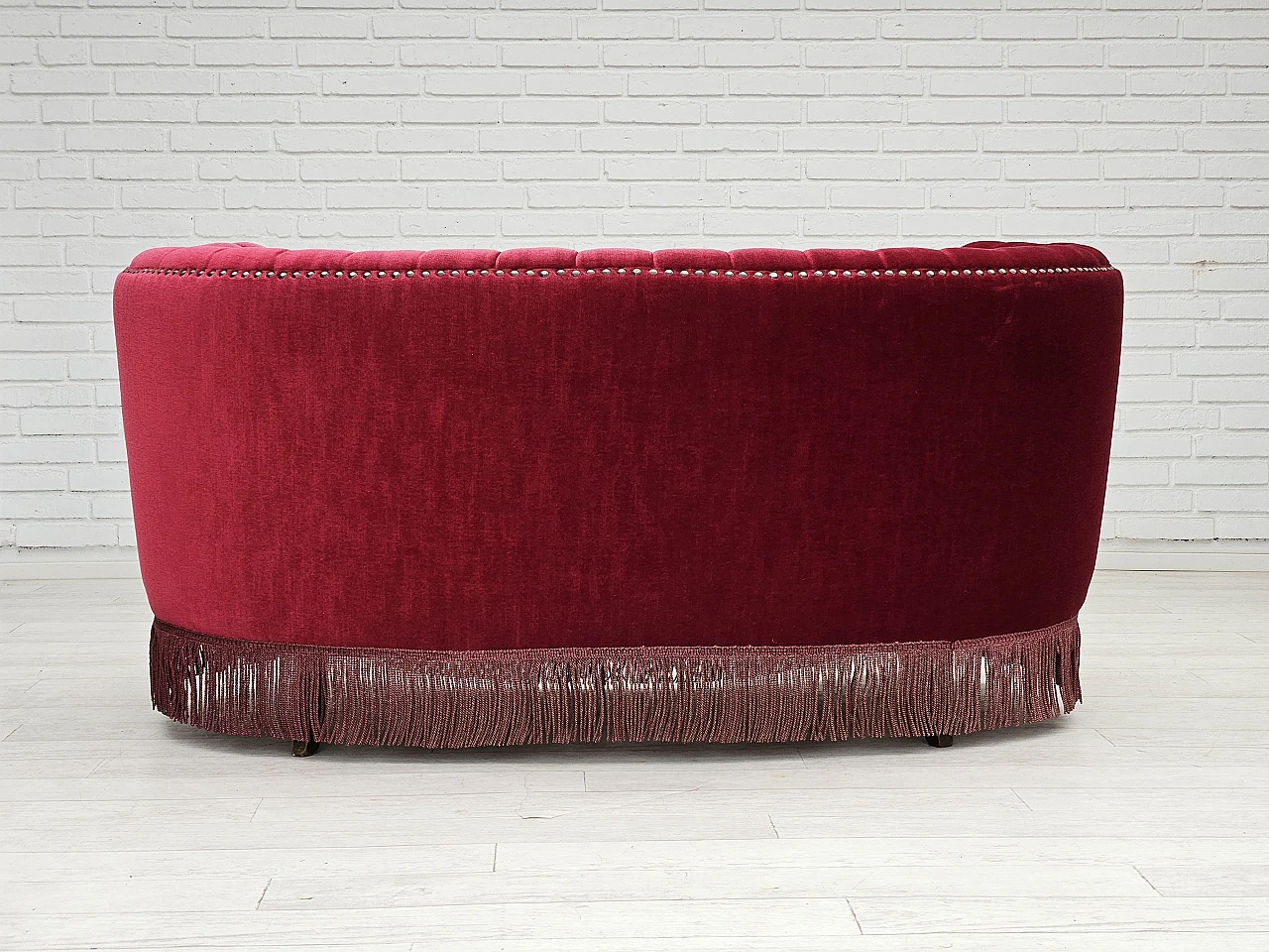 Danish cherry red velvet banana sofa, 1970s 11