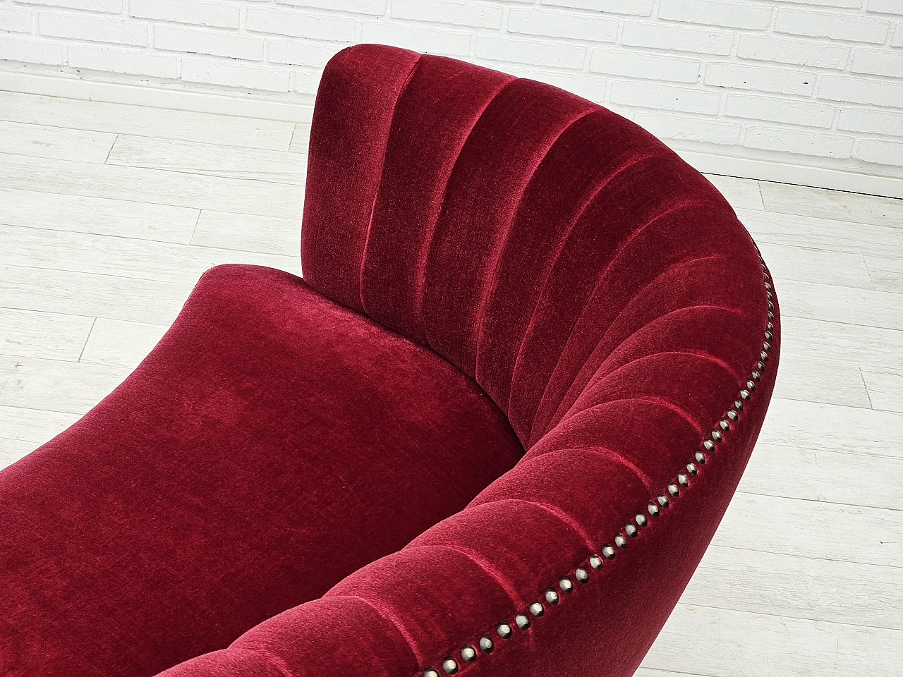 Danish cherry red velvet banana sofa, 1970s 12