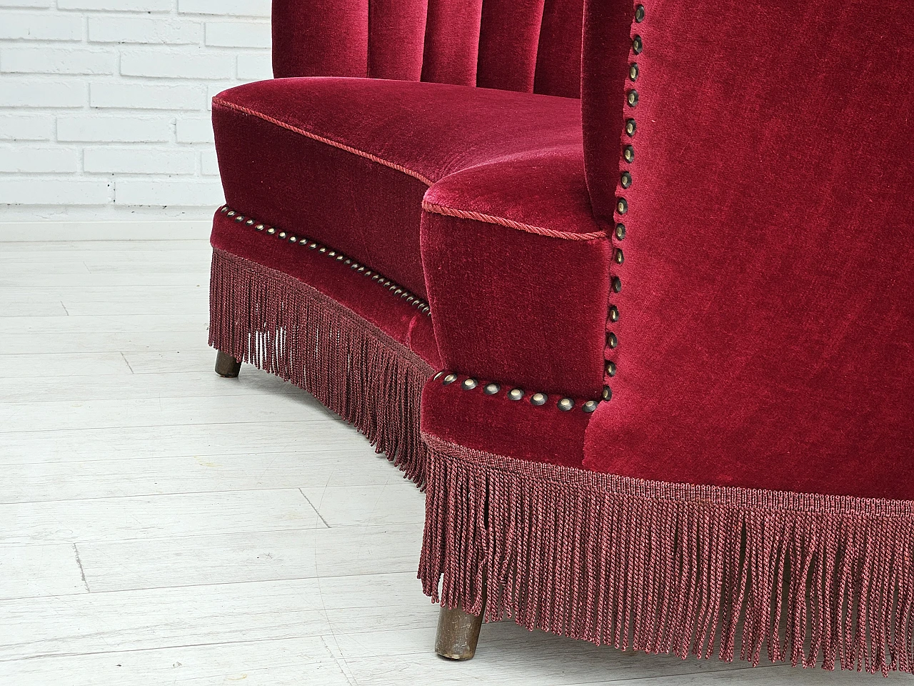 Danish cherry red velvet banana sofa, 1970s 13