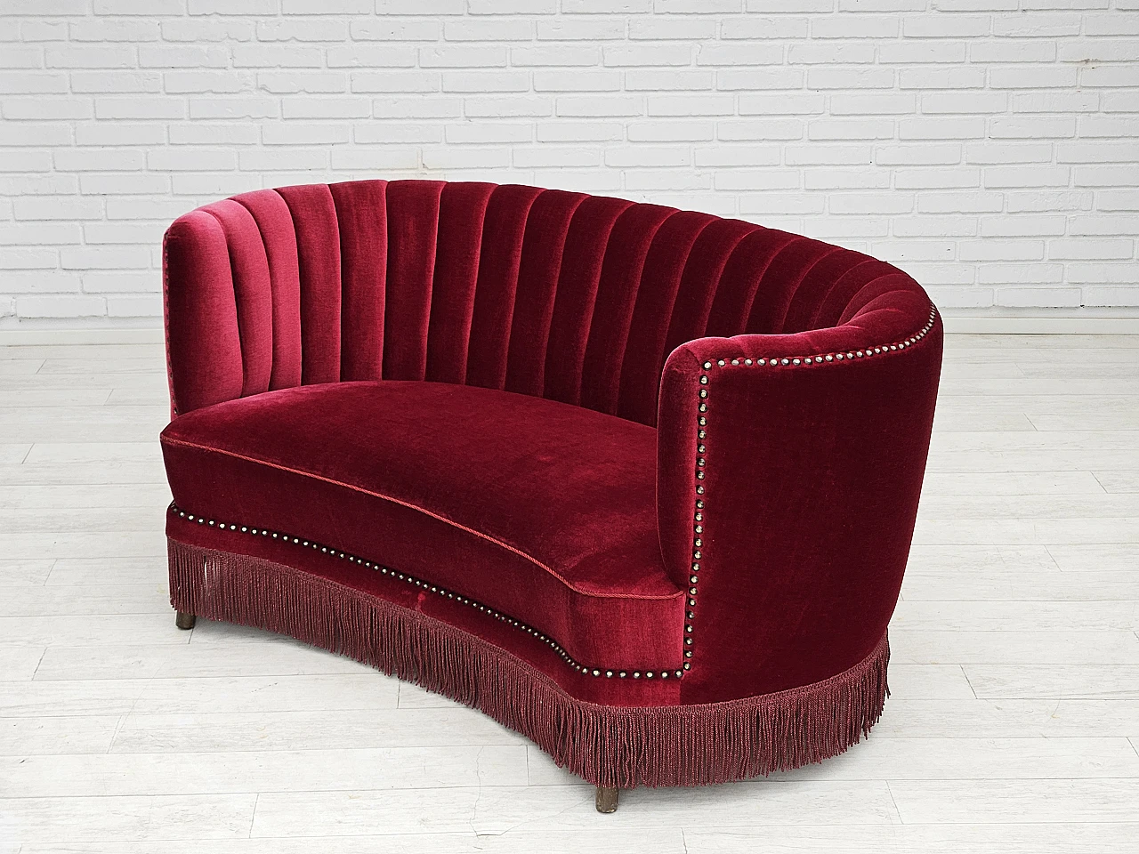 Danish cherry red velvet banana sofa, 1970s 14