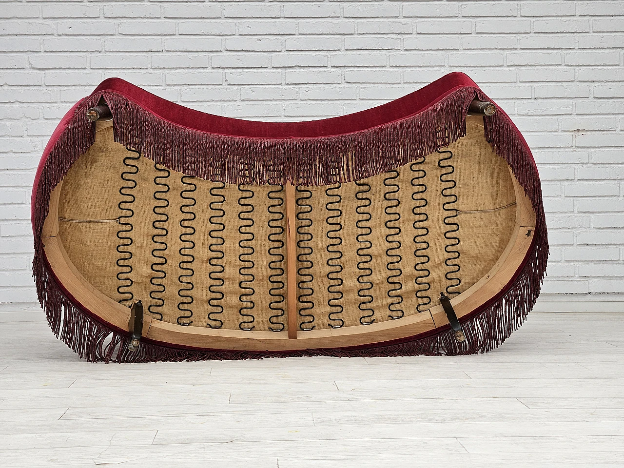 Danish cherry red velvet banana sofa, 1970s 15