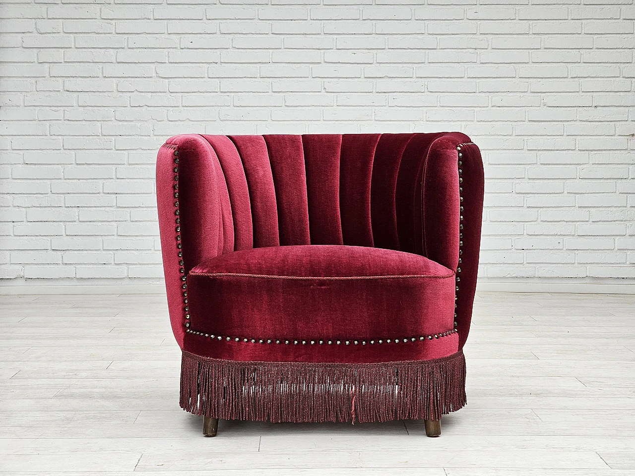 Danish armchair in cherry red velvet, 1970s 1