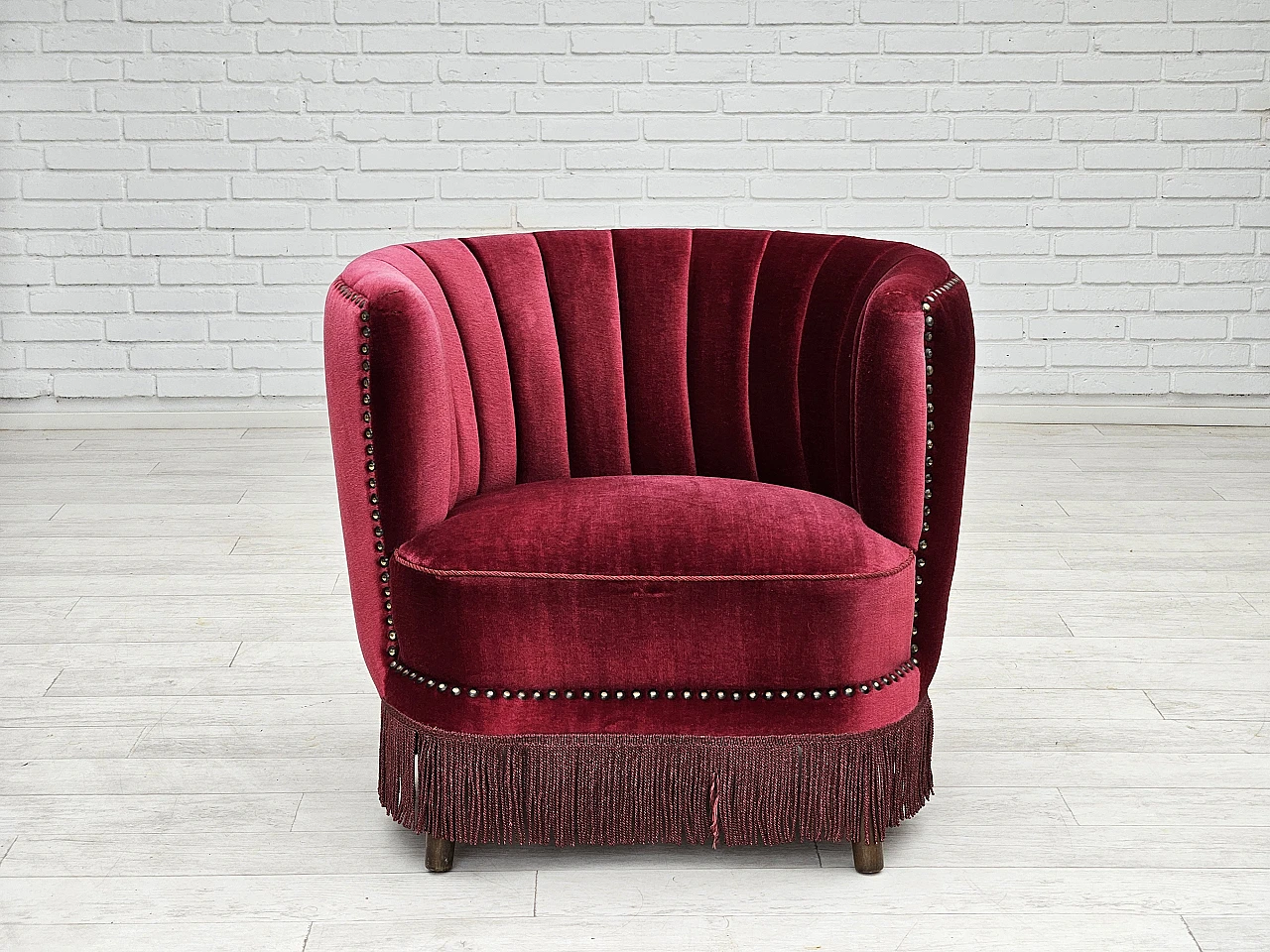 Danish armchair in cherry red velvet, 1970s 4