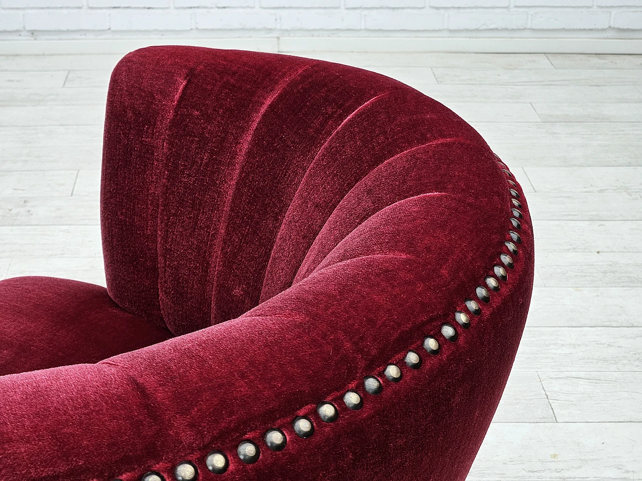 Danish armchair in cherry red velvet, 1970s 11